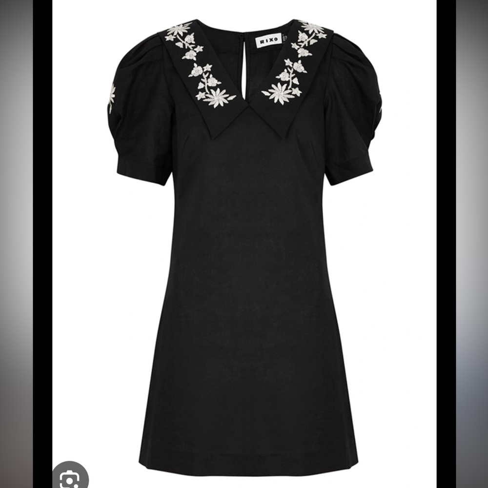 NWT RIXO Raisa Cotton Linen Black Mini Dress with White Floral Embroidery